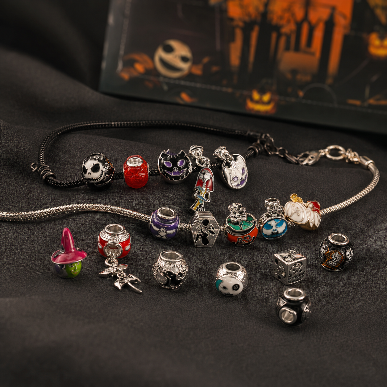Close-up of Halloween charms and bracelet chains